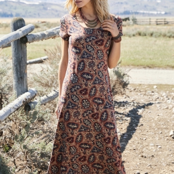 Peruvian Connection Dresses & Skirts - Peruvian Connection Soft Stretchy Boho Midi Dress Botanical Earthy Tones Print